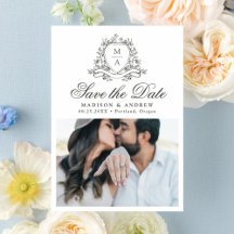 Elegant Black Floral Crest Monogram Save the Date