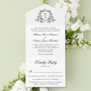Elegant Black Floral Crest Monogram Wedding  All In One Invitation
