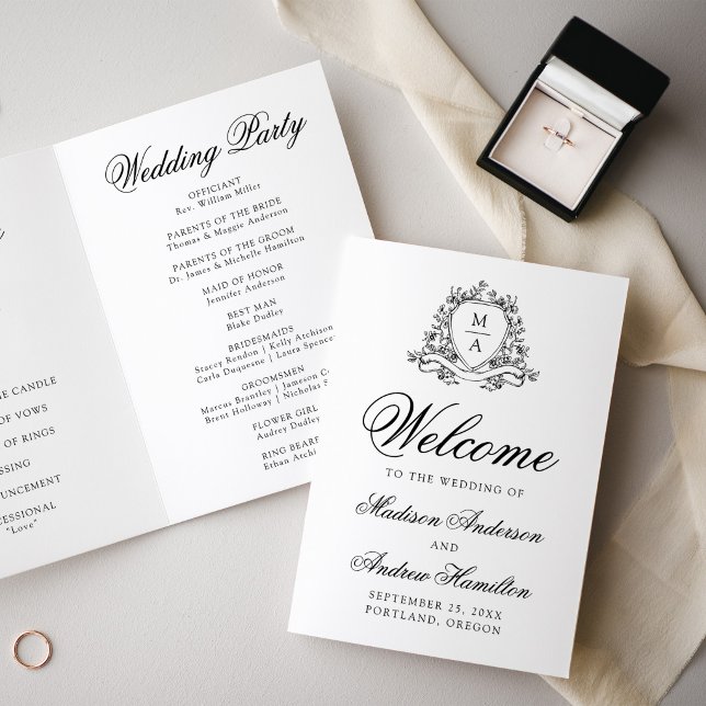 Elegant Black Floral Crest Monogram Wedding Program (Creator Uploaded)