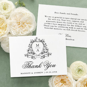 Elegant Black Floral Crest Monogram Wedding Thank You Card