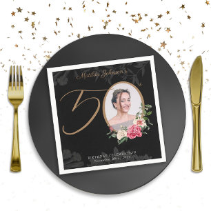 Elegant Black Floral Custom 50th Birthday Napkin