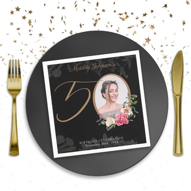 Elegant Black Floral Custom 50th Birthday  Napkin (50th Birthday Elegant Black Floral Foliage Custom Napkins)