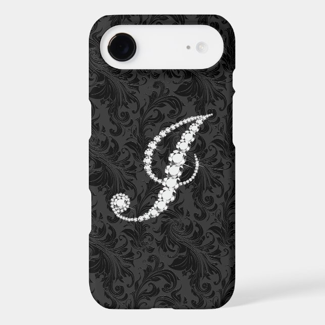 Elegant Black  Floral Damas Diamonds Initial J Case-Mate iPhone Case (Back)
