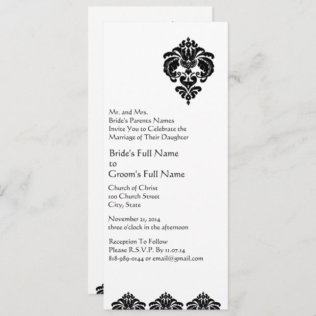 Elegant Black Floral Damask Wedding Invitation (Front/Back)