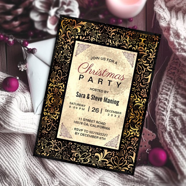 Elegant black floral faux gold Christmas  Invitation (Creator Uploaded)