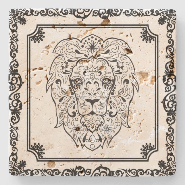 Elegant Black  Floral Frame Lion Sugar Skull Stone Coaster (Front)