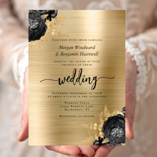 Elegant Black Floral Gold Brushed Metal Wedding Invitation