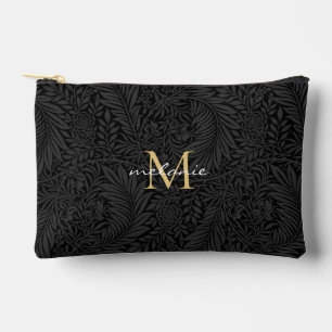 Elegant Black Floral Gold Monogram Accessory Pouch