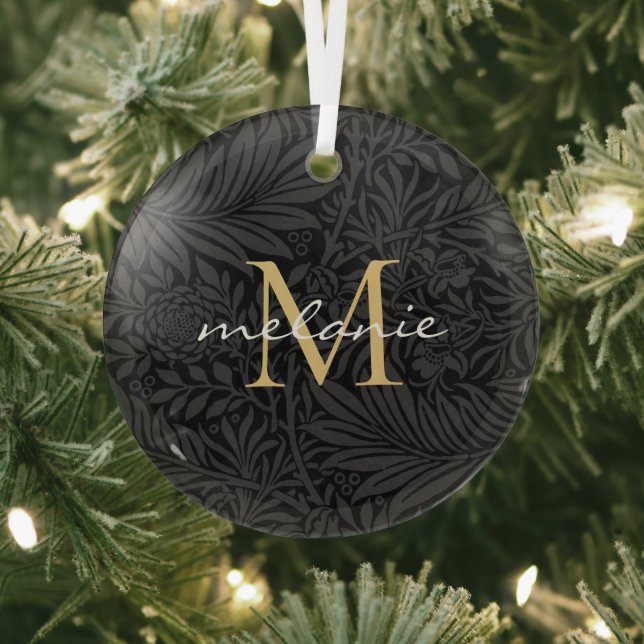 Elegant Black Floral Gold Script Monogram Glass Ornament (Insitu)