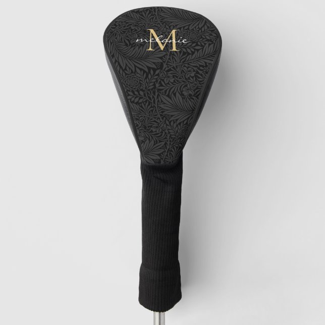 Elegant Black Floral Gold Script Monogram Golf Head Cover (Front)