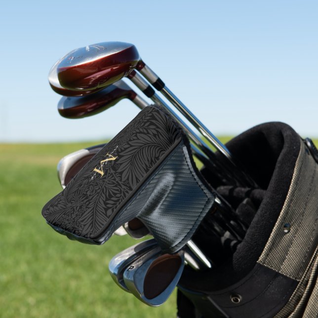 Elegant Black Floral Gold Script Monogram Golf Head Cover (In Situ)