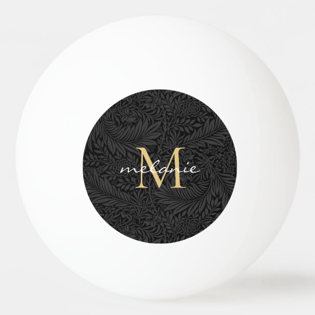 Elegant BlacK Floral Gold Script Monogram Ping Pong Ball (Front)