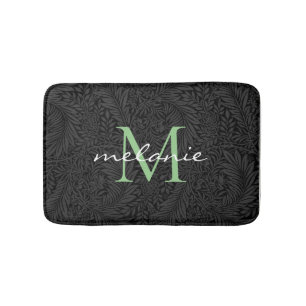Elegant Black Floral Green Script Monogram Bath Mat