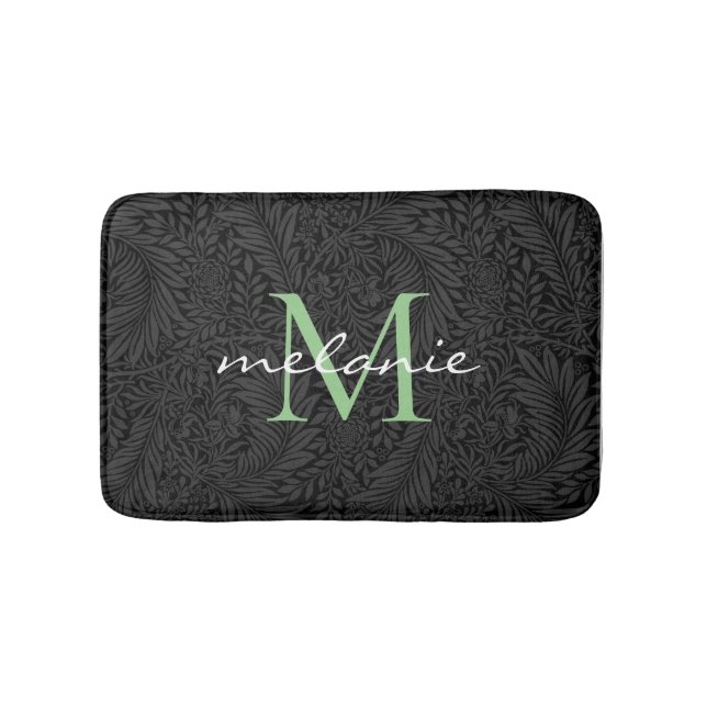Elegant Black Floral Green Script Monogram Bath Mat (Front)