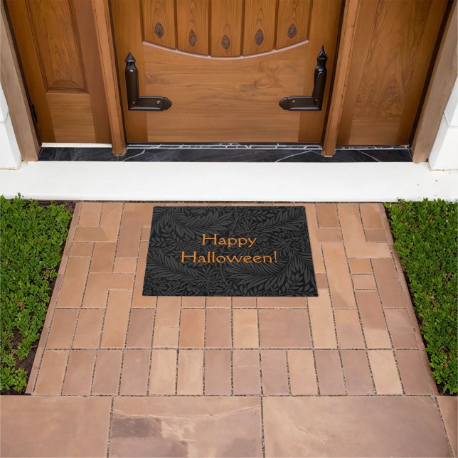 Elegant Black Floral Happy Halloween Doormat (Outdoor)