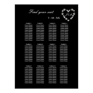 Elegant Black Floral Heart 12 Tables Wedding Seati Poster