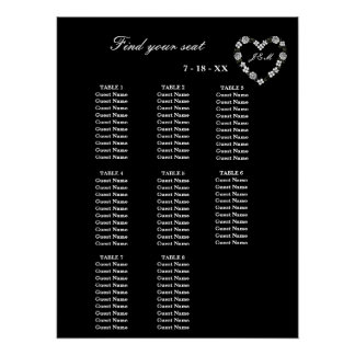 Elegant Black Floral Heart 8 Tables Wedding Seatin Poster