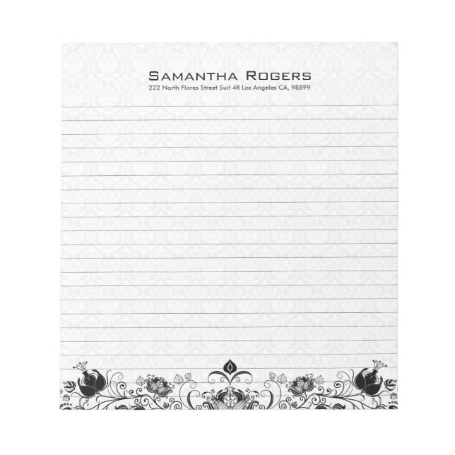 Elegant Black Floral Lace And White Damasks 2 Notepad (Front)
