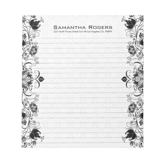 Elegant Black Floral Lace And White Damasks Notepad (Front)