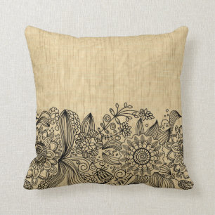 Elegant Black Floral Lace Beige Vintage Background Throw Pillow