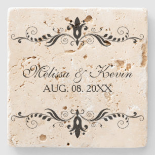 Elegant Black Floral Lace Swirls Frame Stone Coaster