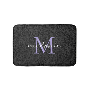 Elegant Black Floral Lavender Script Monogram Bath Mat