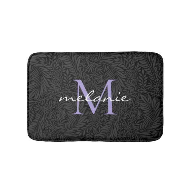 Elegant Black Floral Lavender Script Monogram Bath Mat (Front)