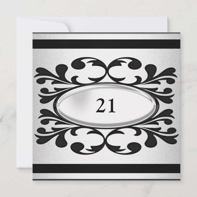 Elegant Black Floral Light Silver 21st Birthday Invitation (Front)