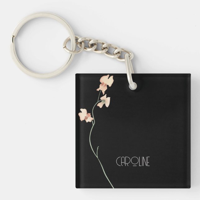 Elegant black floral minimalist  keychain (Front)