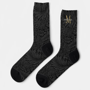 Elegant Black Floral Monogram Name Socks