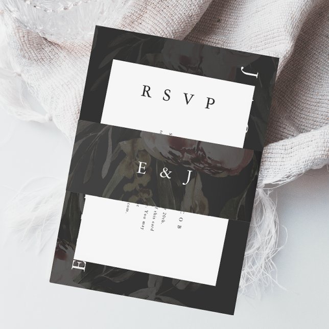 Elegant Black Floral Monogram Wedding Invitation Belly Band (Creator Uploaded)