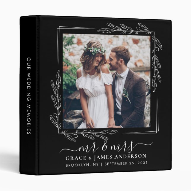 Elegant Black Floral Mr Mrs 2 Photo Wedding Album Binder (Front/Spine)