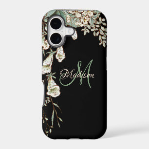 Elegant Black Floral Name Initial Personalized