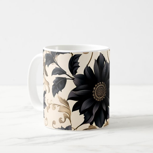 Elegant Black Floral Pattern Coffee Mug (Front Left)