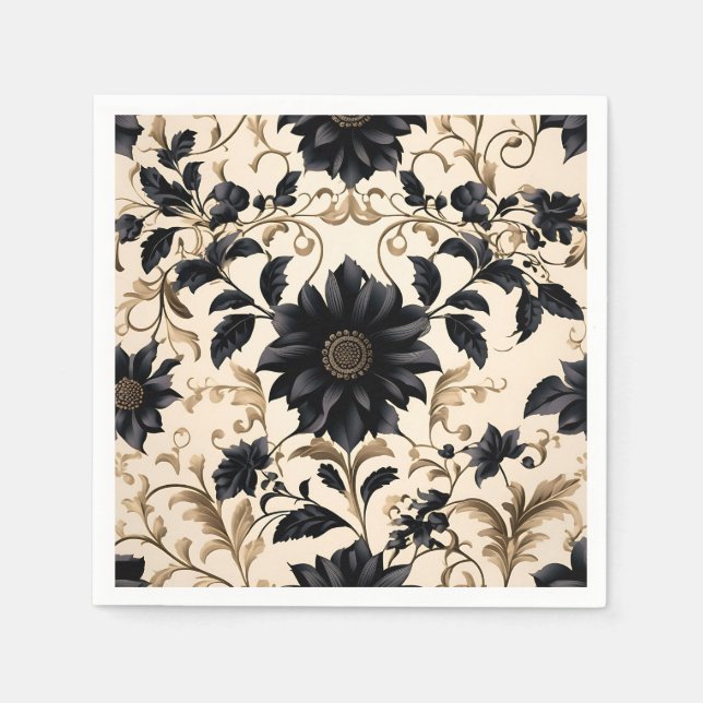 Elegant Black Floral Pattern Napkin (Front)