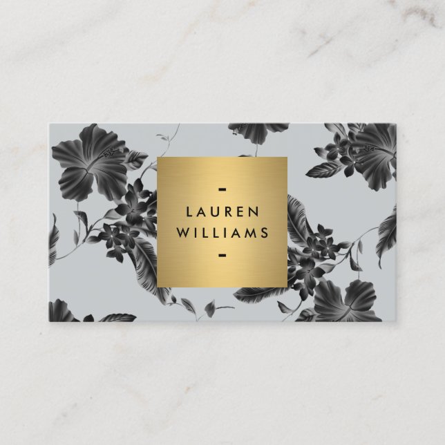 Elegant Black Floral Pattern on Slate Grey Business Card (Front)