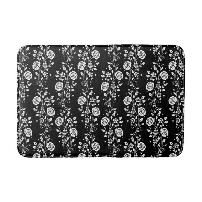 Elegant Black Floral Pattern Short Bath Mat (Front)