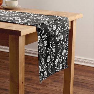 Elegant Black Floral Pattern Short Table Runner