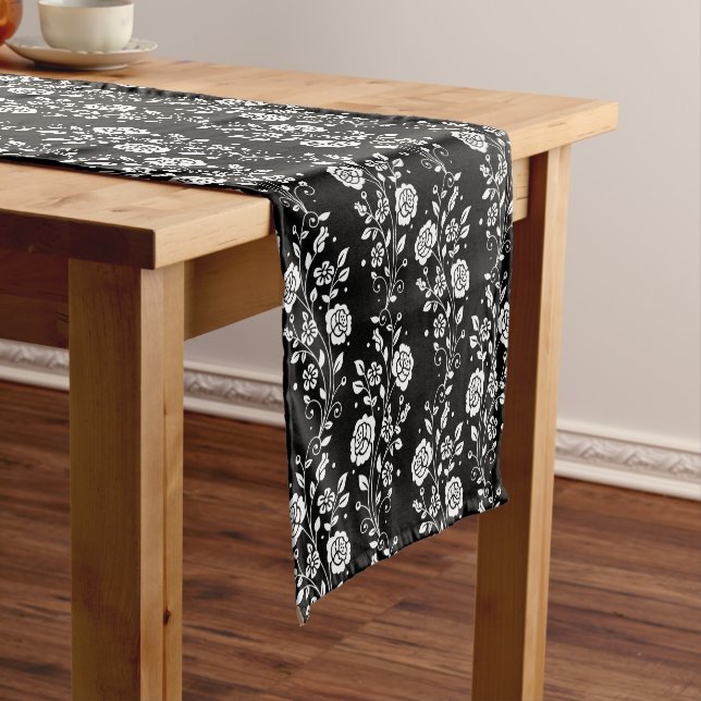 Elegant Black Floral Pattern Short Table Runner (In Situ)