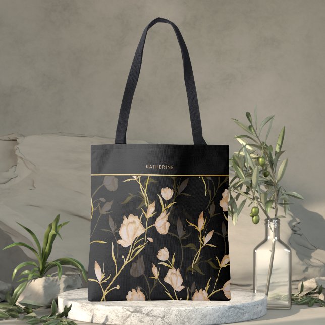Elegant Black Floral Pattern Stylish Girly Trendy Tote Bag (Creator Uploaded)