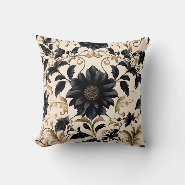 Elegant Black Floral Pattern Throw Pillow (Front)