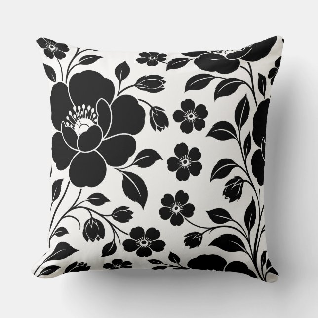 Elegant Black Floral Pattern Throw Pillow (Front)