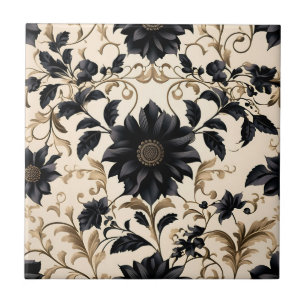 Elegant Black Floral Pattern Tile