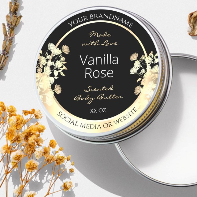 Elegant Black Floral Product Packaging Labels Gold (Creator Uploaded)