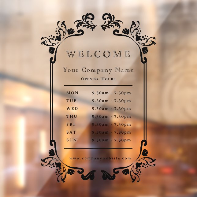 Elegant Black Floral Retro Business Opening Hours Window Cling (Sheet 2)