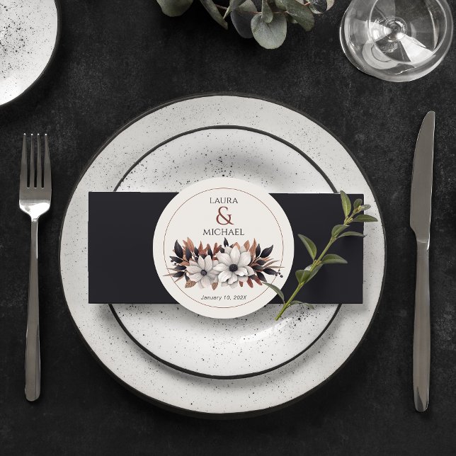 Elegant Black Floral Rust  Round Paper Coaster (Creator Uploaded)