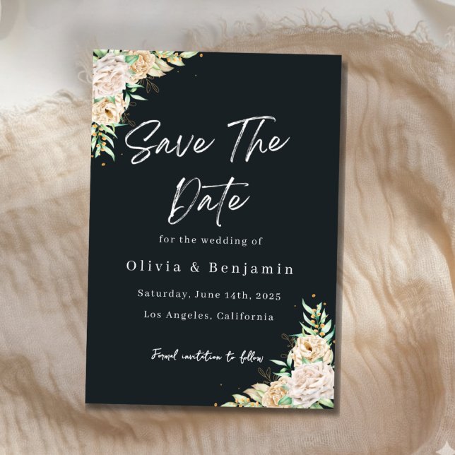 Elegant Black Floral Save the Date Card (Creator Uploaded)