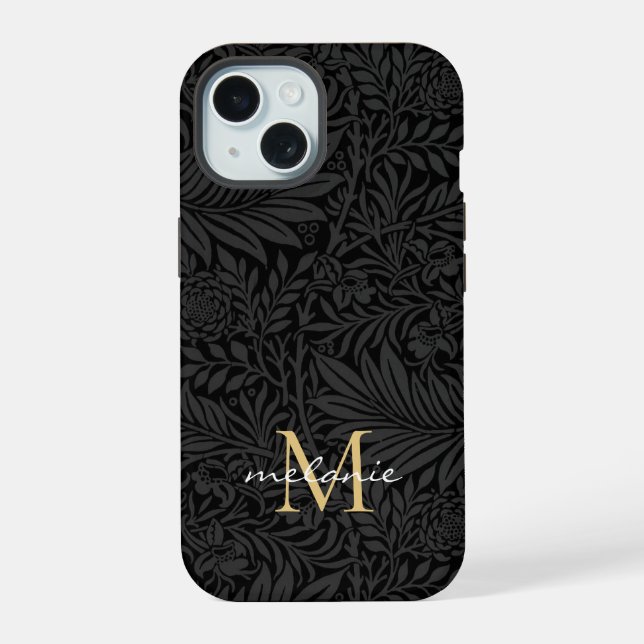 Elegant Black Floral Script Monogram iPhone 15 Case (Back)