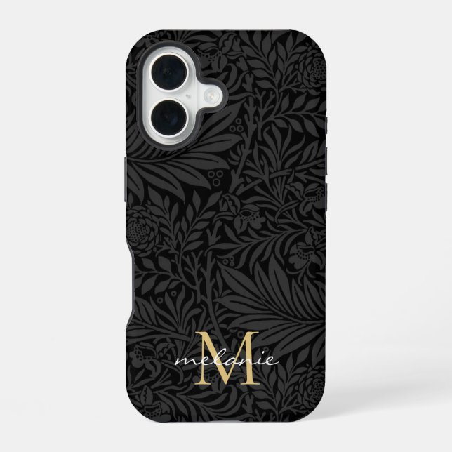 Elegant Black Floral Script Monogram iPhone 16 Case (Back)
