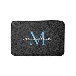 Elegant Black Floral Sky Blue Script Monogram Bath Mat